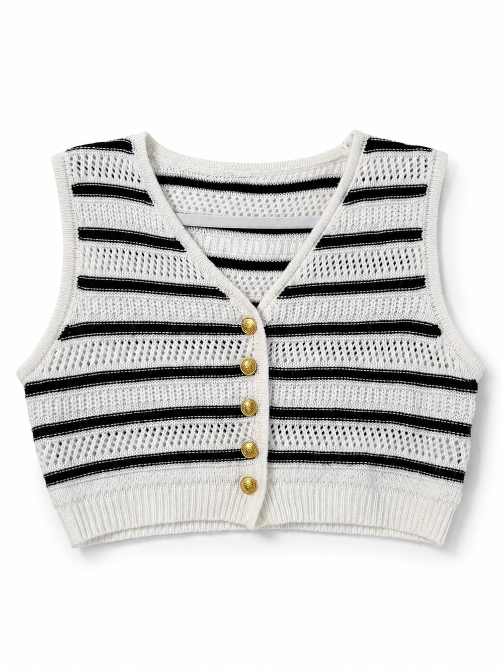 Women’s M Cropped Knit Vest Cardigan Cream Black Striped Open Knit Gold Buttons
